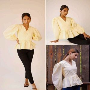 Plain Yellow Cotton Diana Peplum Top, Fit Type : Regular Fit