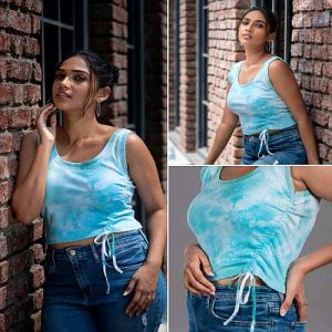Sleeveless Women Sky Blue Viscose Satin Ribbed Crop Top