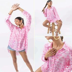Women Crepe Full Sleeves Pink and White Printed Oversized Shirt