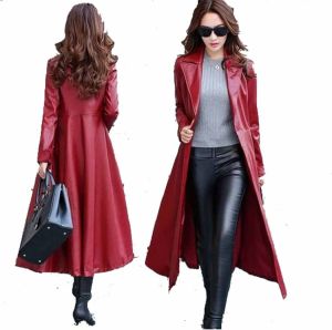 Red Women Long Leather Coat