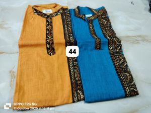 Round Neck Solid Woven Cotton Kantha Stitch Punjabi Kurta