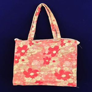 Loop Handle Red Cotton Printed Handbag