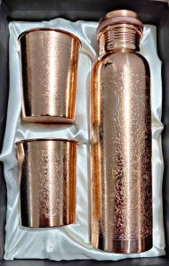 Designer Pure Copper Water Bottle with 2 Glass Set