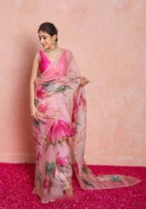 Casual Wear Printed Pink Organza Silk Sarees, Work : Hand Work