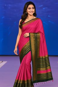 Plain Stitched Mysore Semi Crepe Saree, Color : Black red