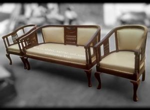 Cream Cushion Three Piece Wooden Sofa Set