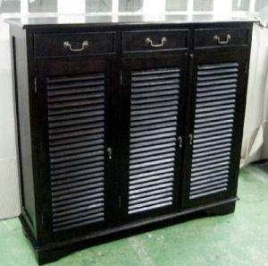 Dark Polished Hardwood Three Door Wooden Shoe Cabinet