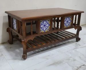 Tile Inlay Slatted Shelf Coffee Table Vintage/handcrafted/artistic