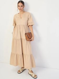 Beige Cotton Tiered Maxi Dress