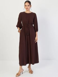 Coffee Brown Crinkled Round Neck Maxi Dress