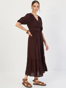 Coffee Brown Crinkled V-Neck Maxi Dress