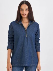 Navy Blue Denim Zip-Up Top