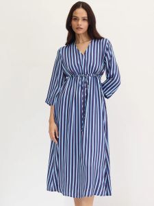 Navy Stripe WRAP Midi Dress