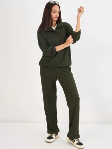 Olive Waffle Knit Zip Up Top