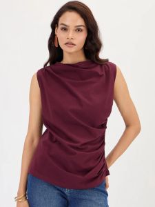 Wine Cotton Knit Ruching Detail Top