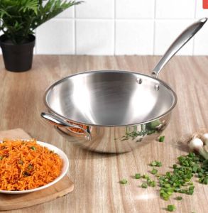 Vinod Platinum Triply Stainless Steel Wok, Color : Silver