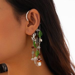 Silver Plated Hanging Bohemian Mushroom Tassel Cuff Earring