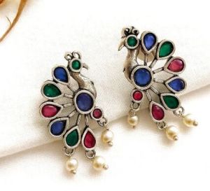 Mayurika: Multicolored Peacock Silver Toned Earrings