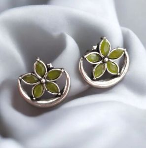 Moonflower Studs: Silver Toned Green Stone Stud Earring