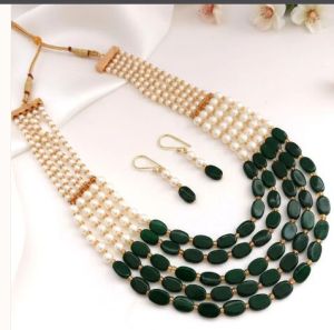 Tarangini: Layered Pearl and Green Beads Necklace