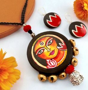 Trinetra: Handcrafted Divine Durga Pendant Terracotta Necklace