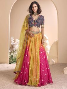 Blue And Yellow Embroidered Lehenga - Choli