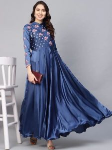 Ladies Blue Silk Partywear Dress