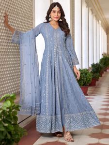 Sky Blue Georgette High Slit Style Churidar Pant Suit Set
