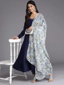 Women Navy Blue Printed Pleated Gotta Patti Trousers Kurta Set