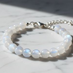 Polished Gemstone Natural White Rainbow Moonstone Adjustable Bracelet