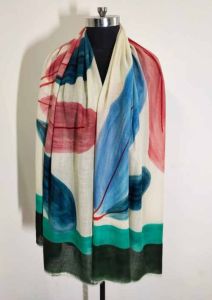 Wool Silk Hand Printed Leaf Stole, Color : Multicolor 70x200 Cm