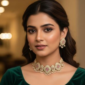 Kemp Jewellery Matte Gold Polish Designer Party Wear Kemp Choker Necklace Set