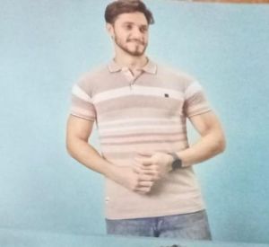 Mens Beige Cotton Striped Polo T-Shirt