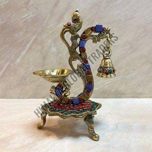 Polished Peacock Trinity Brass Diya with Bell 4 Inch - 10 Inch