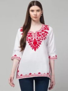 Cotton White Embroidered Short Kurti Straight, Gender : Ladies