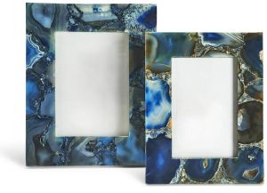 Polished Gemstone Border Blue Agate Slice Marble Photo Frame
