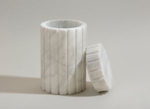 Smooth Polished Surface White Marble Ribbed Organizer Jar
