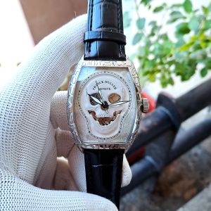 Franck Muller Croco Skull Silver White Edition Black Leather Watch