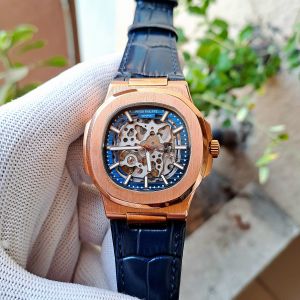 Patek Philippe Nautilus Rose Gold Blue Dial Black Leather Strap