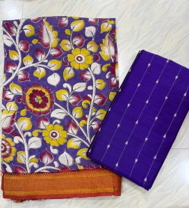 Kalamkari Printed Raw Silk Kalamakari Kurti Pant Set, Color : Blue