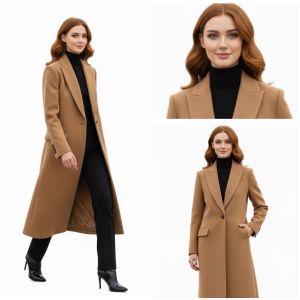 Solid Ladies Beige Long Woolen Coat