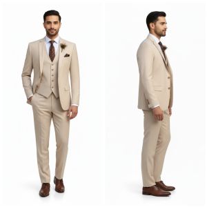 Mens Party Wear Cream Cotton Three Piece Suit