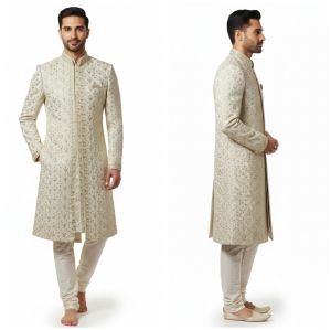 Mens White Embroidered Silk Sherwani Wedding, Festive