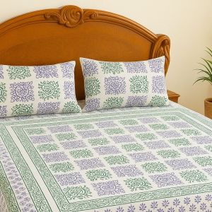 Pure Cotton Green And Blue Floral Double Bed Bedsheet