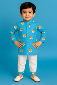 Printed Cotton Kids Kurta Pyjama Set, Color : Sky Blue, Skyblue