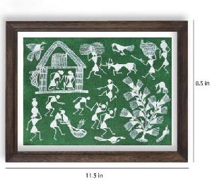 Warli Painting-farming Scene and Folk Music (green)