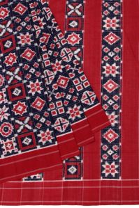 Navy Blue Ikat Cotton Saree With Maroon Stripes