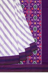 Off White Ikat Women Silk Saree With Peacock Green and Violet Stripes