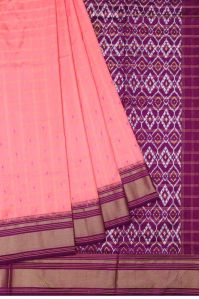 Peach Ikat Women Silk Saree With Purple and Gold Zari Border