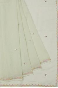 Women Beige Chanderi Silk Cotton Saree With Scallop Border and Gota Patti Butta